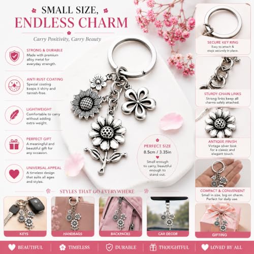 Image of JB'S LAND Floral Charm Keychain Vintage Flower Metal Key Ring for Women | Bag Charm Pendant, Backpack & Car Key Holder, Aesthetic Design, Friendship Gift, For Women & Girls
