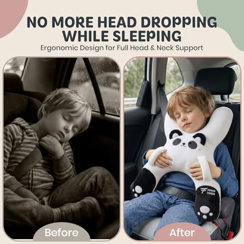 Image of Kids Car Sleeping Pillow, H-Shaped for Neck & Back Support, White Panda | Hands & Seat Belt Slot, Machine Washable & Compressible, Perfect for Car, Plane, Train, Boat & More