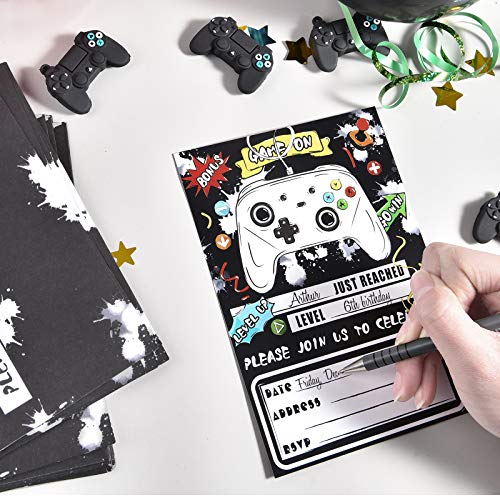 Watercolor Video Game Party Invites - 20 Set Fill-In Invitations With Envelopes For Boys Game Theme Birthday Party Supplies Double-Sided Printed Invitation Cards #TOP4
