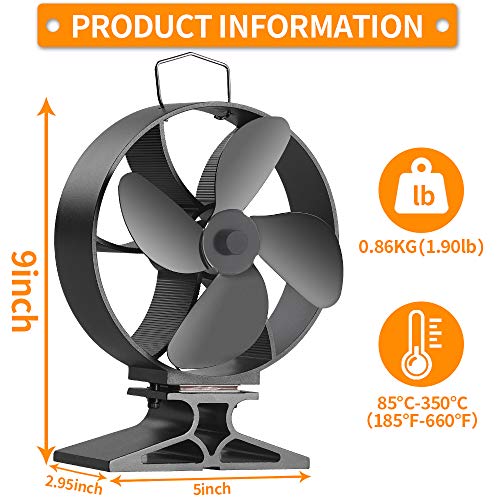 Morinoli Upgraded 4 Blade Fireplace Fan Heat Powered Stove Fan for Wood/Log Burner/Fireplace ,Eco Friendly and Efficient Heat Distribution Fan,Black,Round