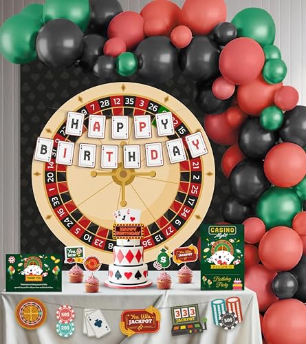 Image of Just Party Casino Theme Party Decoration - 100 pcs Happy Birthday Decoration Kit for Adults | Vegas Theme Birthday Decoration Items for Boys & Girls|Includes Balloons, Backdrop Curtain, Props, Banners