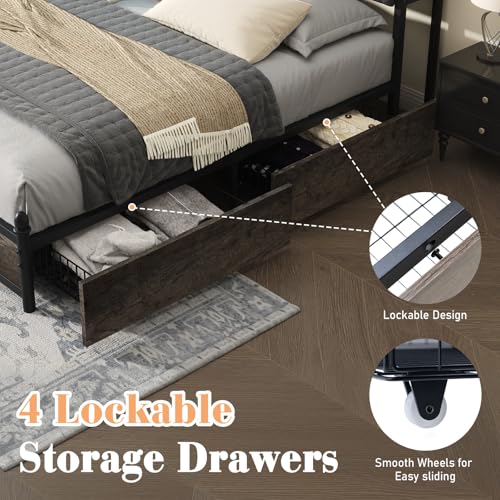 Queen-Bed-Frame-with-2-Tier-Storage-Headboard-Metal-LED-Platform-Bed-with-4-Storage-Drawers-Tufted-Linen-Upholstered-Hidden-Areas-and-Charging-Station-No-Box-Spring-NeededRustic-Grey Queen Bed Frame with 2 Tier Storage Headboard Metal LED Platform Bed with 4 Storage Drawers Tufted Linen Upholstered Hidden Areas and Charging Station No Box Spring NeededRustic Grey