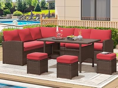 U-MAX Outdoor Patio Furniture Set,7 Piece Patio Sectional Sofa Set with Dining Table All-Weather Wicker Patio Conversation Sets(Brown Rattan & Red Cushion)