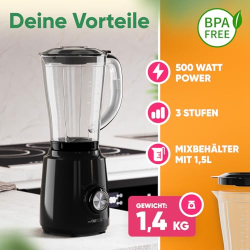 Clatronic® Standmixer 500W | Mixer | 4-fach Edelstahl-Messer rostfrei | 1,5L Smoothie Maker | Ice-Crush Funktion | 3 Stufen | Turbo-Funktion | Deckel mit Nachfüllöffnung | UM 3845 – Bild 3