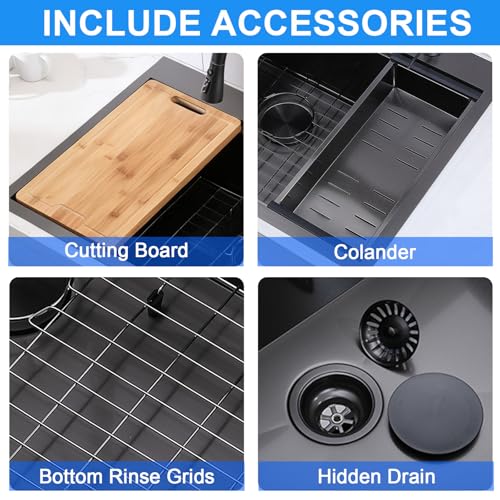 Image of 33x22 Drop In Kitchen Sinks Black, Gunmetal Black Stainless Steel Workstation 16Guage Topmount Single Bowl 9 Inch Deep Sink for Kitchen with Integrated Accessories and Features