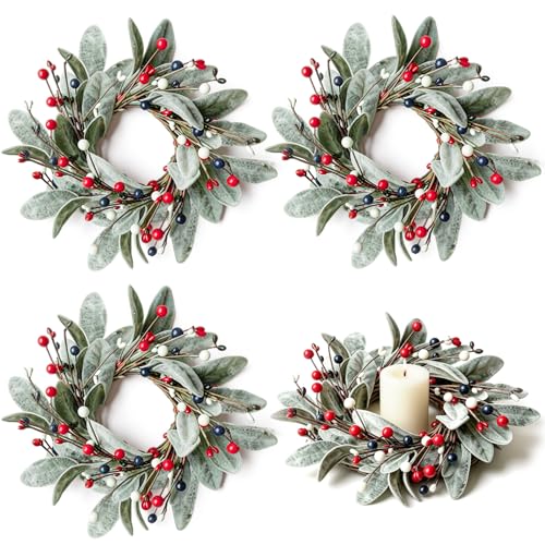 Image of 4 PCS Patriotic 4th of July Candle Rings Wreaths Independence Day Candle Rings Holder with Red White Blue Berries & Lamb's Leaves Mini Memorial Day Labor Day Wreath for Home Table Centerpiece Decor