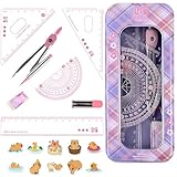 8-teiliges Zirkel und Lineal Set:Ein Komplettes Lernset Ausgestattet mit Robuster Aufbewahrungsbox 10 Aufkleber,Geometrie Set für Die Sekundarschule,Schülern Wird für Präzises Zeichnen (Rosa)