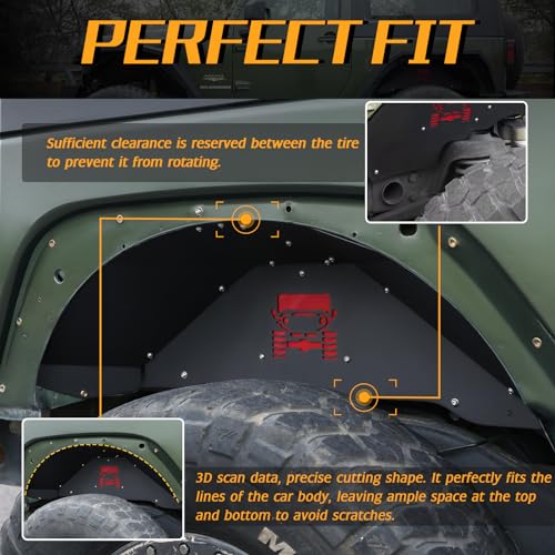 Image of JROAD Rear Inner Fender Liners Compatible with Jeep Wrangler JK JKU Aluminum,with 2 LED Lights for 2007-2018 Wrangler Accessories JK JKU Sport Sahara Rubicon 2 /4 Doors