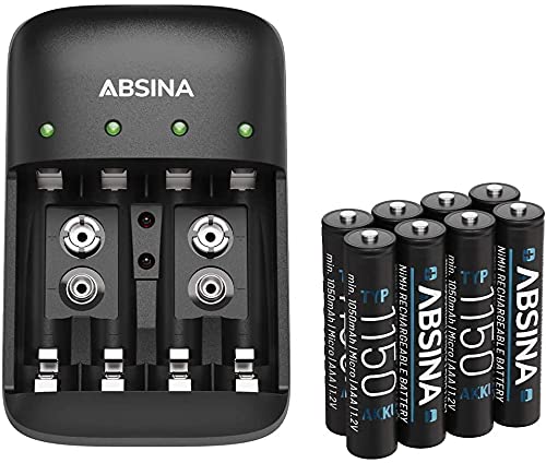 ABSINA Chargeur de Piles Rechargeables AA AAA & 9V + 8X AAA 1150 Pile - Chargeur de Pile NiMH avec 4 emplacements