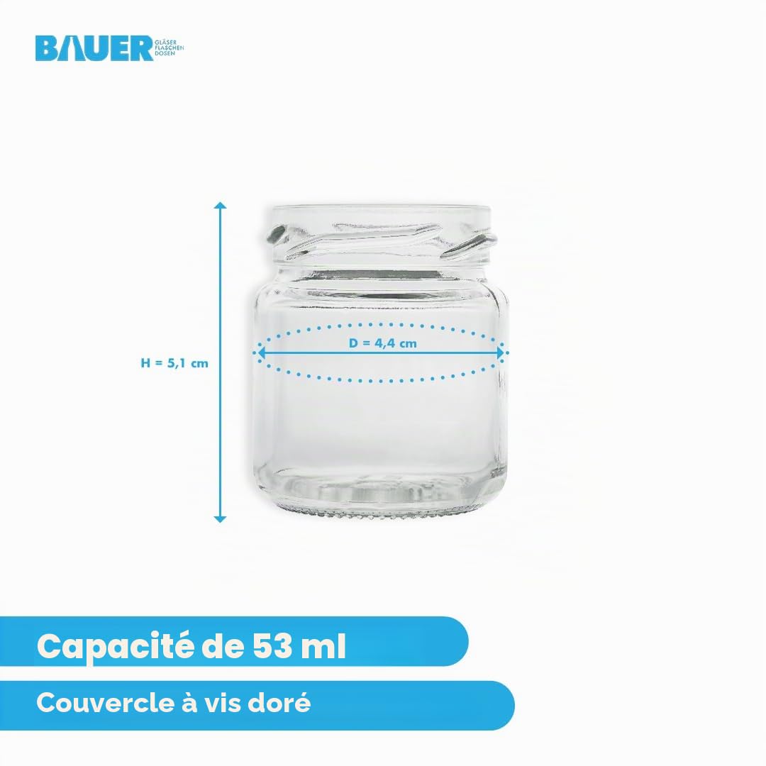 Flaschenbauer - Lot de 96 mini bocaux de conservation de 53 ml - Avec couvercle torsadé doré de 43 mm - Idéal pour la confiture, le miel, les épices, la conservation et les idées cadeaux