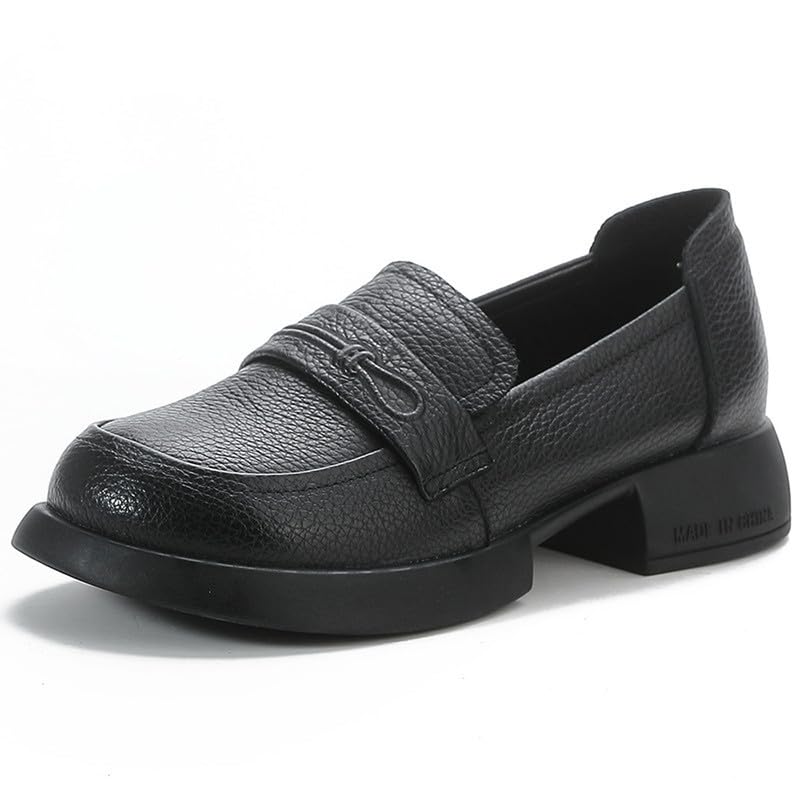 Image of Women's Penny Loafers Low Chunky Heel Black Leather Dress Shoes for Work US Size 7.5-8