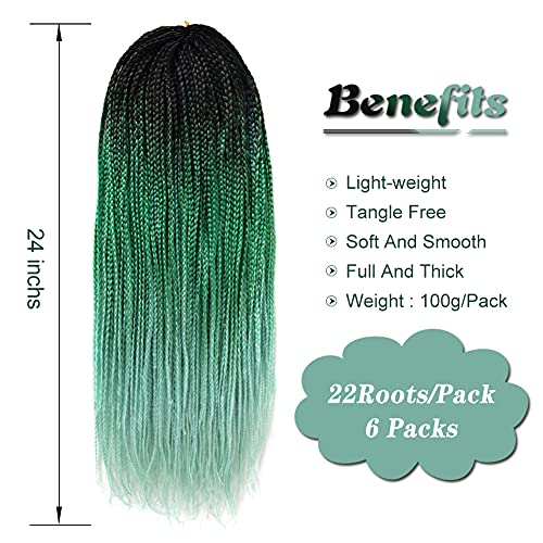 Gottin Hair Box Braids Crochet Hair 6 Packs 24 Inch Green Ombre Crochet Box Braids Braided 22 Strands Over 60 Colors Gorgeous Crochet Braids Hair Extensions For Black Women (24 Inch, 1B/Dark Green/Light Green) #TOP2