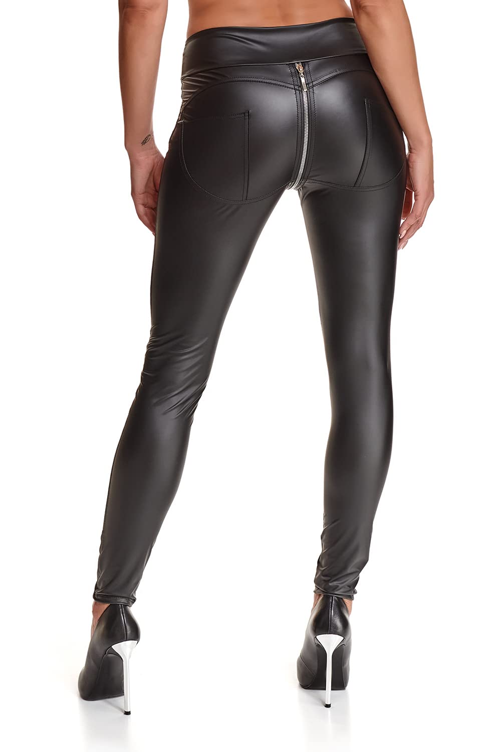 Demoniq Schwarze Damen Leggings Hose aus Wetlook Material elastisch mit durchgehendem Reißverschluss und Gesäßtaschen
