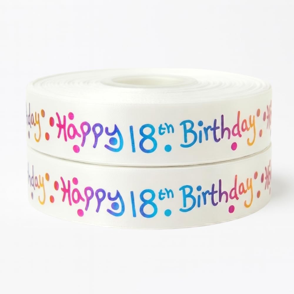 Pimp My Shoes Women's Multi Colour Happy 18Th Birthday Ribbon White Satin 25Mm X 2M, Birthday Ribbon For Gift Wrapping, Party Ribbons For Gift Wrapping, Cakes, 18Th Birthday Decorations Cards And Creative Crafts
