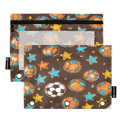 Mnsruu Estuche sin costuras con diseño de bola y estrella para carpeta de 3 anillas, 2 estuches para lápices con cremallera, ventana transparente con cremallera, estuche para lápices para suministros