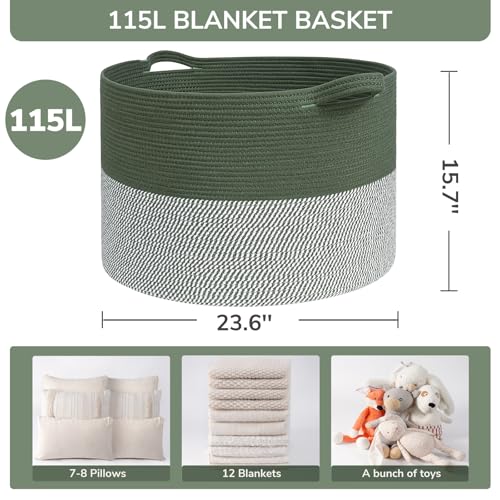 Image of INDRESSME 115L Extra Large Cotton Rope Blanket Basket, Home Decor Laundry Storage Basket for Organizing Bedroom, Living Room, Nursery, Toy Storage for Colthes Towel, Green