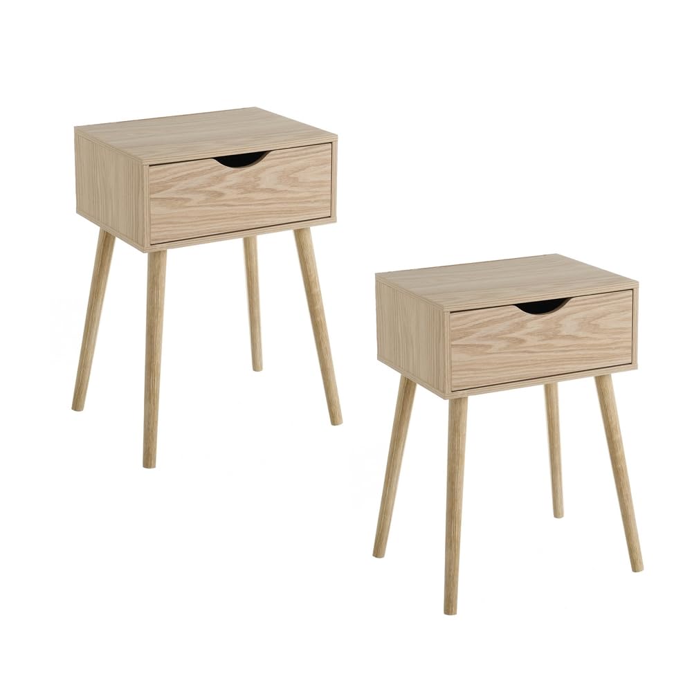 LOLAhome Mesita de Noche con 1 cajón de Pino y MDF Color Natural de 40x31x58 cm (2)
