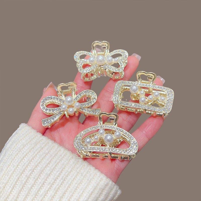 4PCS Pearl Bow Hair Clips for Women – Golden Alloy Hair Claws, Elegant Bridal Hair Accessories, Stylish Hair Pins for Weddings, Parties, Casual Hairstyles, Thick and Thin Hair