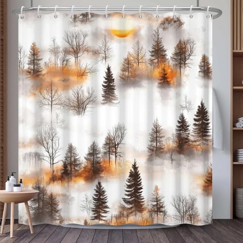 NAEMBCU Forest Shower Curtain with Hooks, Misty Autumn Trees Watercolor