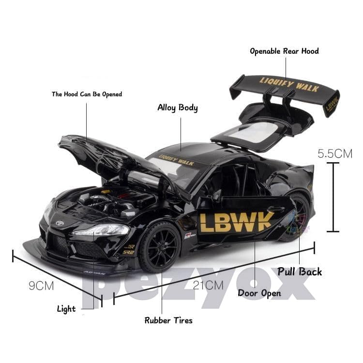 Image of 1 /22 Scale Big Toyota Supra GR LBWK Model Diecast Metal Pullback Toy car with Openable Doors & Light, Music Boys car for Kids Best Toys Gifts Toys for Kids-Black (Black)