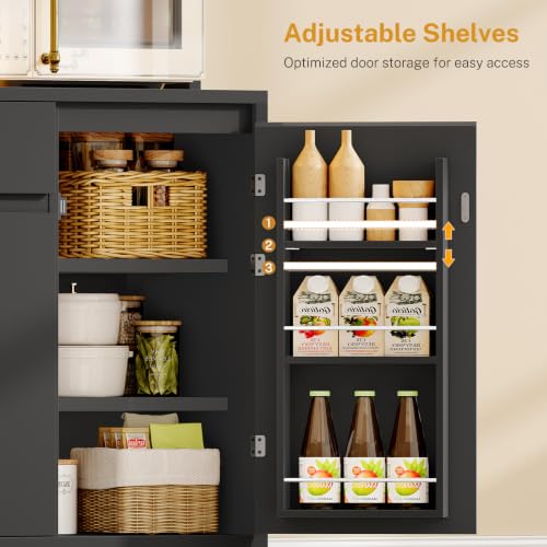 Image of TEENFON Pantry Cabinet with Charging Station and LED Light, Kitchen Pantry Cabinet with Microwave Stand, Kitchen Storage Cabinets with Adjustable Shelves and Door Shelves for Dining Room, Black
