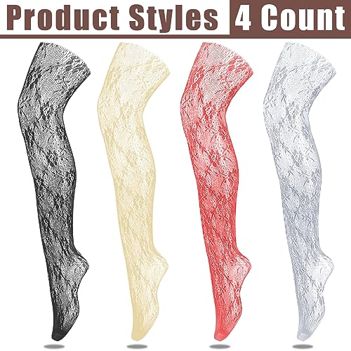 Jiuguva 4 Pack Women Lace Tights Patterned Fishnet Stockings Floral Pantyhose Stockings Red White Black Tights for Women2