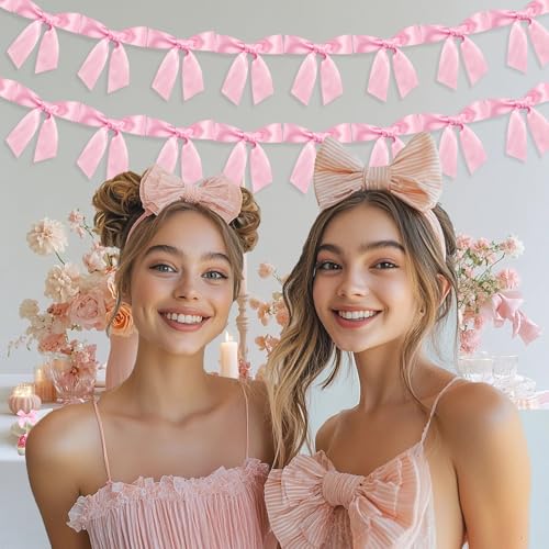 Image of 2pcs Bow Garland Banner Ribbon Bow Party Decor for Baby Shower Women Girls Bow Coquette Birthday Party Decorations (Pink)