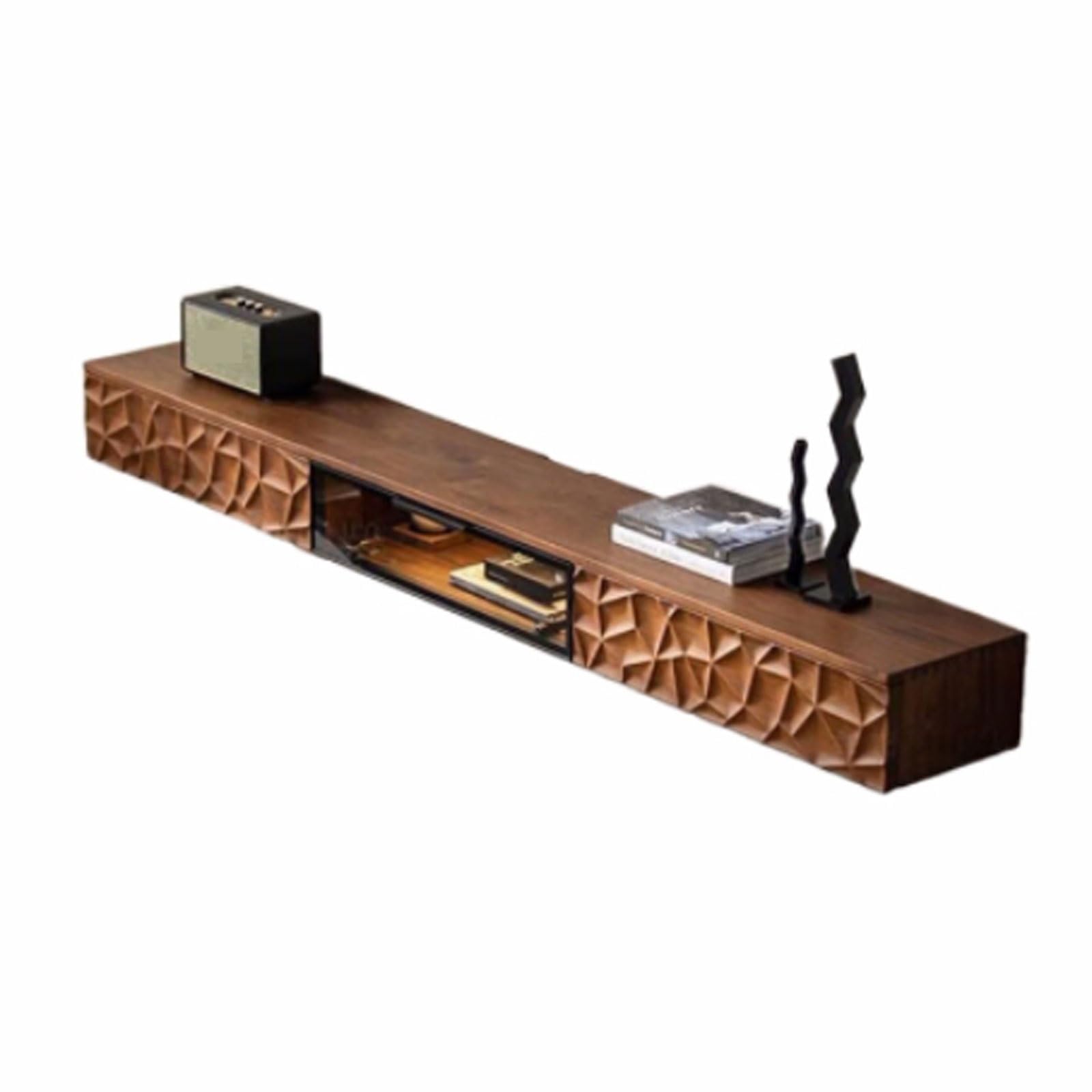 Moderne Wandhalterung, schwimmende TV-Konsole, schwarzes Walnussholz, schwimmendes TV-Regal, 70 Zoll / 78 Zoll, Entertainment-Media-Regal, TV-Wandeinheit mit 2 Schubladen und 1 Tür, für Schlafzimmer,