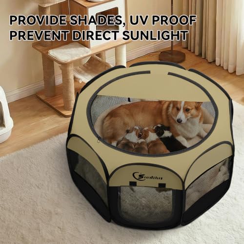 Image of Siedihit Dog Cat Playpen, Medium Puppy Pet Playpen, Dog Crate Tent Cage Indoor /Outdoor, Portable Pop Up Dogs Kennel Playpen with Carrying Case for Dogs /Cats /Rabbits(Black Khaki, Medium)