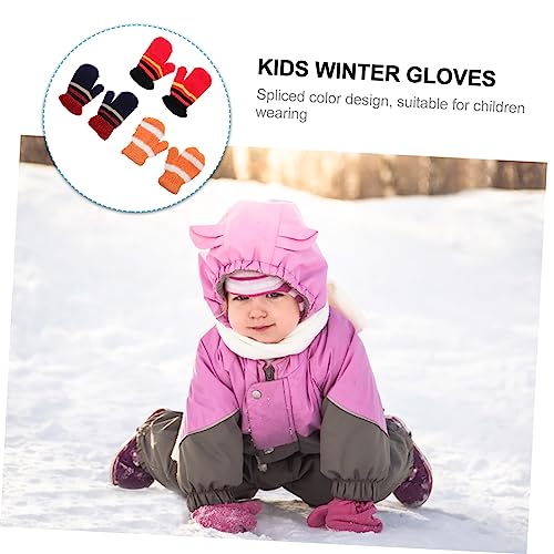 3Pairs Winter Knitting Gloves Full Finger Warmth for Ages Double Thick Material Cute Spliced Colors Comfortable Wear3