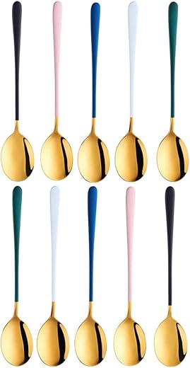 Primetan 304 Stainless Steel Golden Spoons for Soup Round Colorful Dinner Spoons Long Handle Table Spoon (Set of -10)