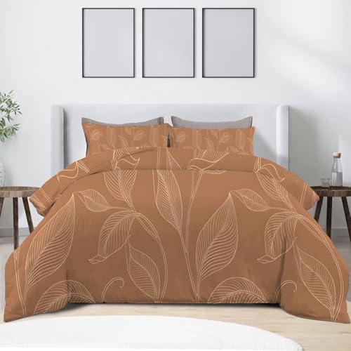 King Size Duvet Cover Sets, leaf Pattern, Bedding King Size Duvet Cover, King Size Quilt Cover with Zip Fastening, Brushed Microfiber 3 Bedding Set, Orange