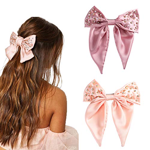 HAIMEIKANG Baroque Boho Rhinestone Hair Clips - 7.8”Big Bow Satin Solid Hair Bows Vintage Pearl Hair Accessories for Women Girls (Pink+Champagne)