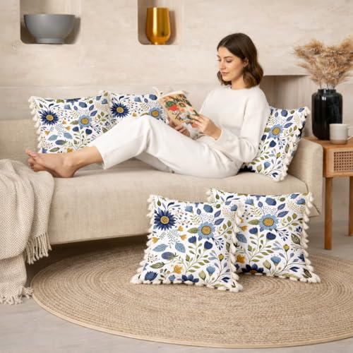 Image of STITCHNEST 'Little Meadow Series' Tassled Cushion Cover | Set of 2 | Floral Cushion Cover 16 inch x 16 inch