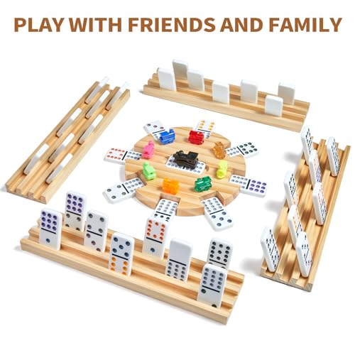 Elongdi Mexican Train Double 12 Dominoes Set With 4 Wooden Trays/Racks In Portable Carrying Case Colorful 91 Tiles & 9 Trains Board Game For Family Game Night thumb #3