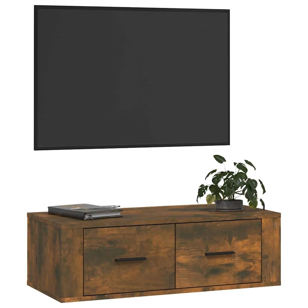 Armoire TV Suspendue en Bois d'ingénierie Chêne fumé 80x36x25 cm avec tiroirs pour Salon, séjour ou Chambre, Support Mural Moderne et Robuste pour écran multimédia