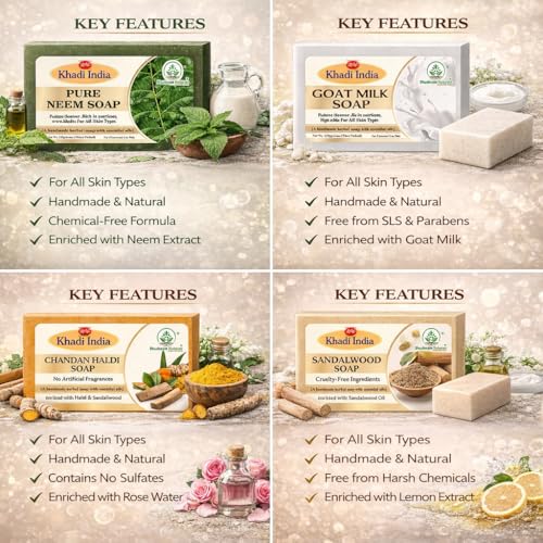 Image of Khadi Organic and Natural Handmade Bathing Soap for Men & Women | Assorted Herbal & Chemical-Free Face and Body Soap for Gentle Cleansing & Healthy Skin (Mixed Bar Soap (Pack of 6))