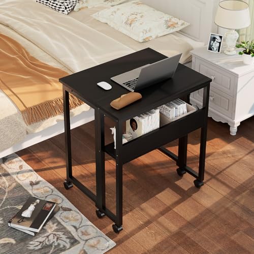 Image of GreenForest Folding Desk with Wheels, 24.8 Inch Compact Rolling Computer Table with Storage Shelf, Portable Mobile Workstation for Small Spaces, Easy Assembly, Black