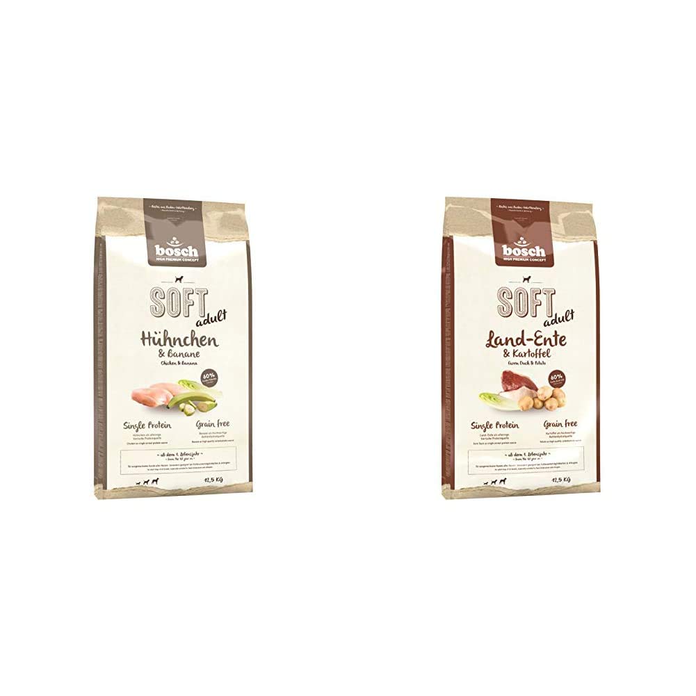 Bosch HPC Soft Hühnchen & Banane | halbfeuchtes Hundefutter für ausgewachsene Hunde Aller Rassen | 1 x 12.5 kg & HPC Soft Land-Ente & Kartoffel | halbfeuchtes Hundefutter | 1 x 12.5 kg