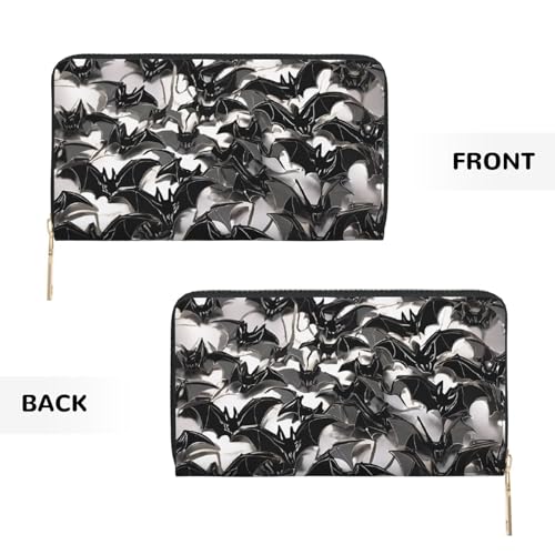 Leather Wallet for Women Ladies Novelty Printed Around Zipper Long Wallet Phone Purse Credit Card Holder, Halloween Bats Grey3