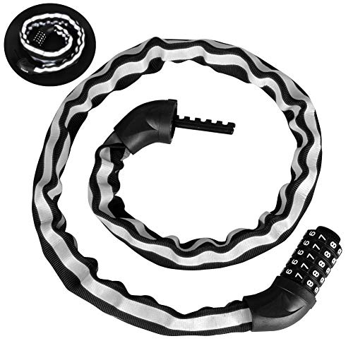 DINOKA Candado de Cadena para Bicicleta con código, Cerradura de combinación de 5 dígitos reiniciable de Alta Seguridad/candado de Ciclismo 100cmm (Tira Reflectante)