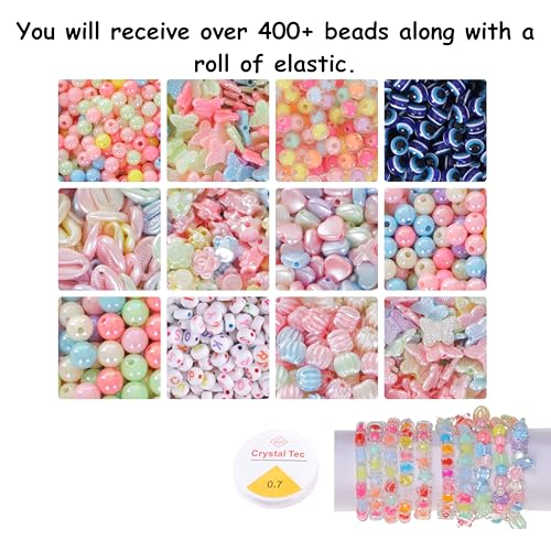 Image of ambitieux Bracelet Making Craft Kit 12 Types of Colorful 400+ pcs of Plastic Beads with Elastic -(Colorfull with 8 mm) (Multicolor 4)