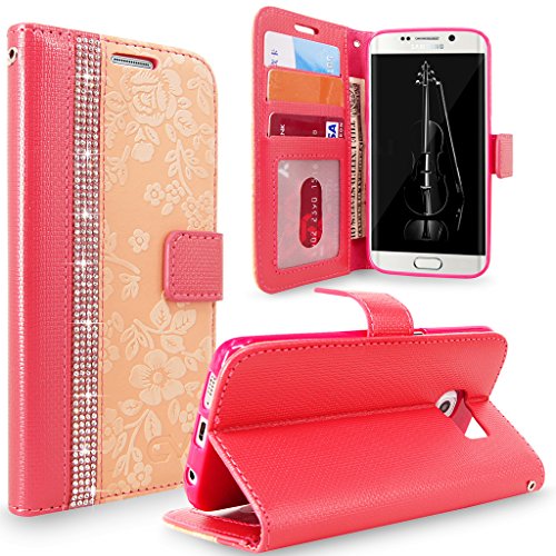 Galaxy S6 Edge Plus Case, Cellularvilla [Diamond Jewel] [Card Slots] Embossed Flower Design Premium Pu Leather Wallet Case Flip Cover For Samsung Galaxy S6 Edge Plus / S6 Edge+ (Peach Pink Bling)