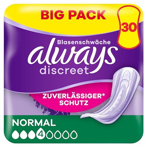 Always Discreet - Compresas para incontinencia para mujeres normales, 30 unidades, protección total, discreción increíble