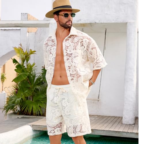 Men's Resort Two-Piece Set Embroidered Lace Short Sleeve Shirt Paisley Print Drawstring in Apricot Beach Vacation2