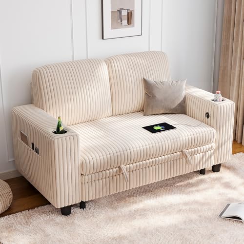 Image of LINSY HOME Sectional Sleeper Sofa Pull Out Couches for Living Room (Beige, Storage) | Pull Out Sofa Bed