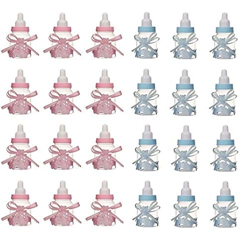 MINGZE 24pcs Candy Bottle Baby Shower, Mini Gift Box Fillable Feeder Style with Bear for Party Favors Holy Communion Supplies Boy Girl Newborn Infant Baptism Christening Birthday Decoration(Pink+blue) Cover