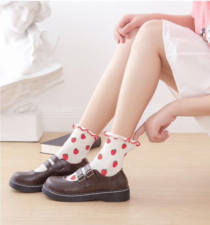Image of Gellwhu Cute Ruffle Fun Socks for Women Lettuce Edge Novelty Funky Cool Fruit Frilly Strawberry Cherry Crew Socks