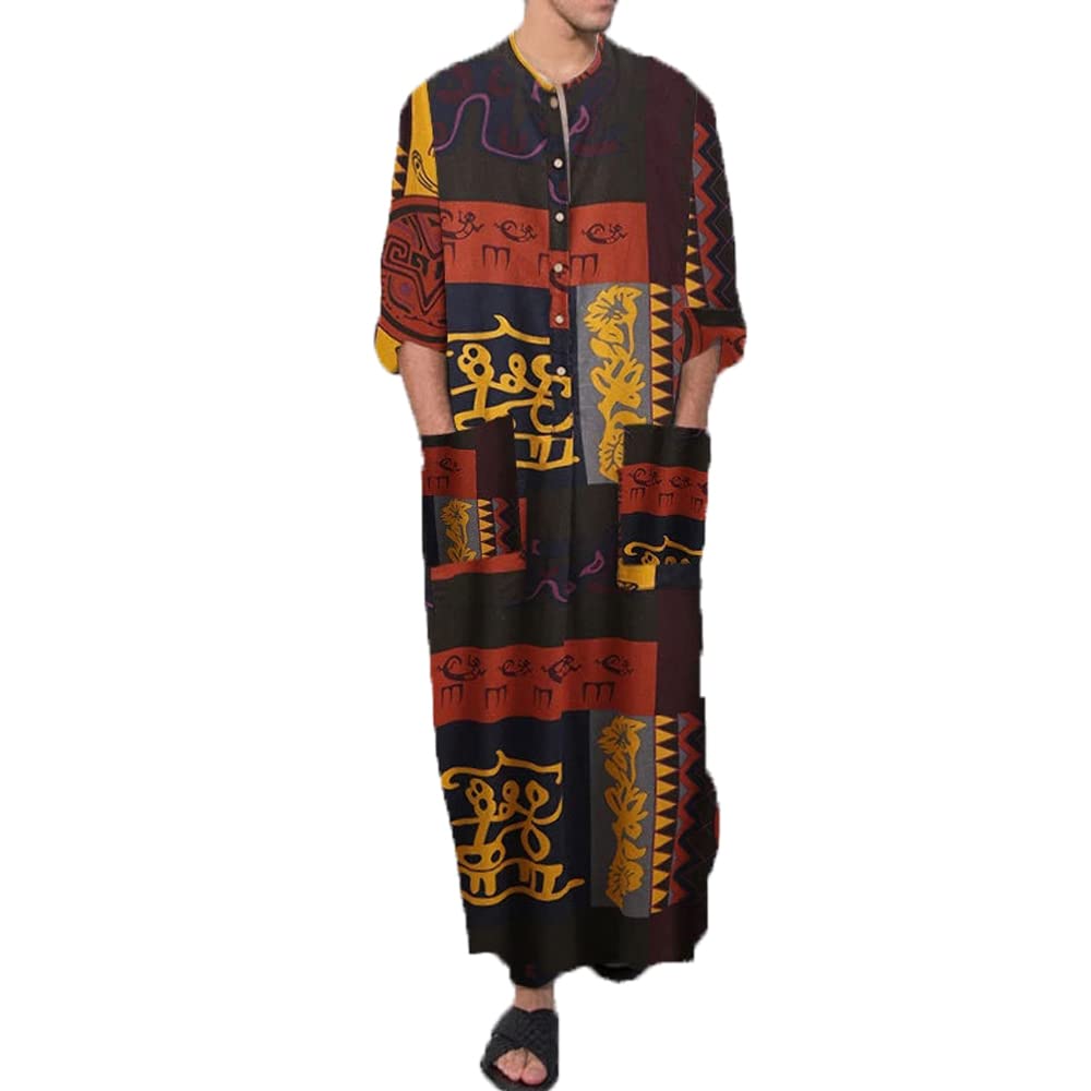Dotbuy-Shop Men's Brown Muslim Robe Islamic Thobe Long Sleeve Kaftan Abaya Middle East Dubai Loose Casual Ethnic Clothing Jalabiya Gown Shirt For