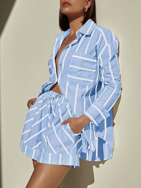 Image of Womens Striped 2 Piece Set Button Down Shirt & High Waist Drawstring Shorts Summer Lounge Matching Outfits